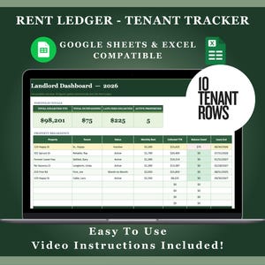 Strumento di monitoraggio dei pagamenti dell'affitto / 10 slot per inquilini / Foglio di calcolo per proprietari / Fogli Google ed Excel / Verde foresta