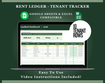 Rent Payment Tracker | 10 Tenant Slots | Landlord Spreadsheet | Google Sheets & Excel | Forest Green