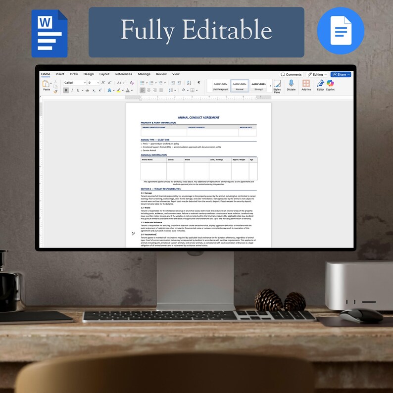 May include: A computer monitor displaying a digital document titled Animal Conduct Agreement. The screen shows a Microsoft Word interface with a toolbar at the top and a form with fields for property and animal information, including sections for tenant responsibilities.