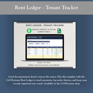 May include: A digital Rent Ledger Tenant Tracker template displayed on a laptop screen. The interface shows a Landlord Dashboard for 2026 with columns for property, tenant, status, rent, and balance. It is compatible with Google Sheets and Excel.