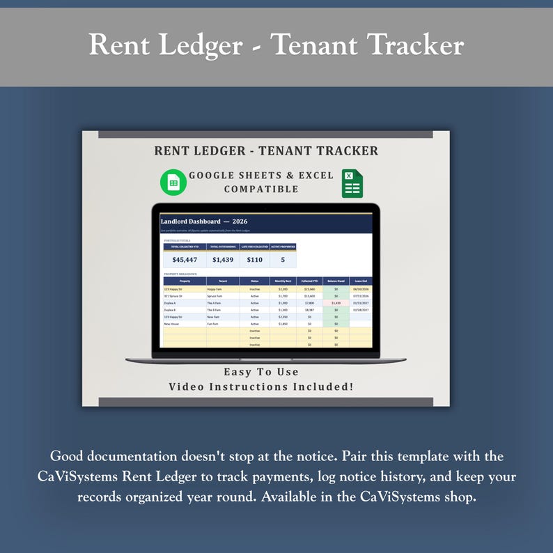 May include: A digital Rent Ledger Tenant Tracker template displayed on a laptop screen. The interface shows a Landlord Dashboard for 2026 with columns for property, tenant, status, rent, and balance. It is compatible with Google Sheets and Excel.