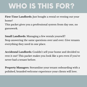 May include: A teal graphic with the text "WHO IS THIS FOR?" followed by descriptions for landlords and property managers. The text describes solutions for first-time, small, and accidental landlords, and property managers.