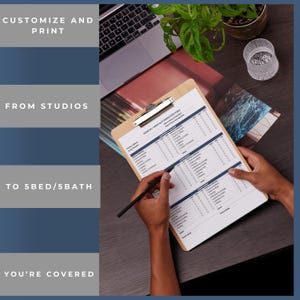 May include: A wooden clipboard with a move-in/move-out inspection form is held by a person. The form is filled out with a pen. A laptop, plant, and glass are in the background. Text on the left says "CUSTOMIZE AND PRINT FROM STUDIOS TO 5BED/5BATH YOU'RE COVERED."