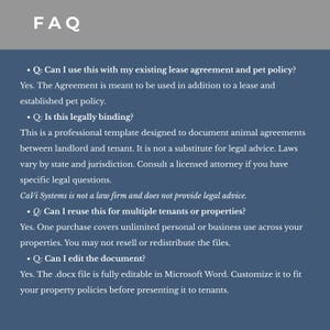 May include: A digital FAQ document template with a blue background and white text. It addresses questions about lease agreements, pet policies, legal binding, reuse for multiple properties, and editing the .docx file in Microsoft Word.