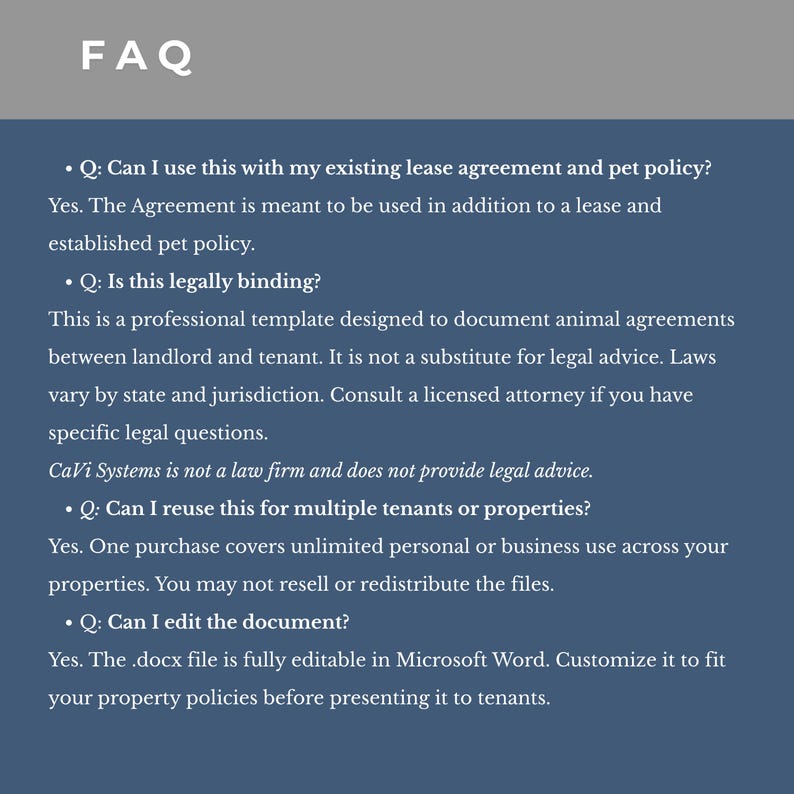 May include: A digital FAQ document template with a blue background and white text. It addresses questions about lease agreements, pet policies, legal binding, reuse for multiple properties, and editing the .docx file in Microsoft Word.