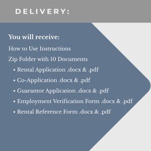 Puede incluir: Texto sobre un fondo azul y gris que dice "ENTREGA: Recibir&aacute;s: Instrucciones de uso, Carpeta Zip con 10 documentos, Solicitud de alquiler, Co-solicitud, Solicitud de aval, Formulario de verificaci&oacute;n de empleo y Formulario de referencia de alquiler."