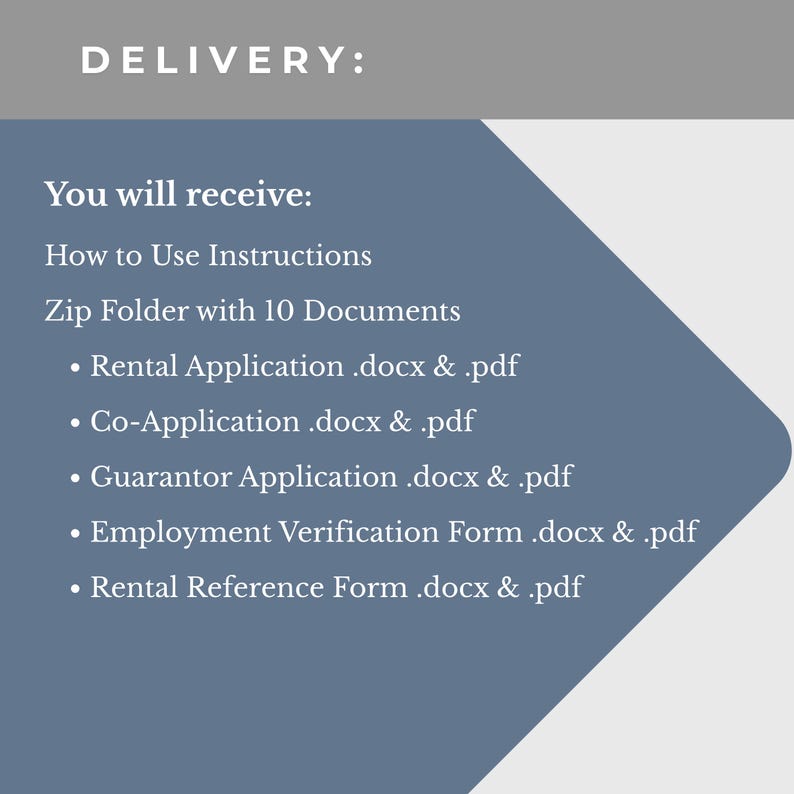 Puede incluir: Texto sobre un fondo azul y gris que dice "ENTREGA: Recibir&aacute;s: Instrucciones de uso, Carpeta Zip con 10 documentos, Solicitud de alquiler, Co-solicitud, Solicitud de aval, Formulario de verificaci&oacute;n de empleo y Formulario de referencia de alquiler."