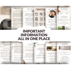 May include: A digital tenant welcome pack with various sections, including "How to Use," "Welcome," and "Quick Links." The pack contains important information for residents, with headings like "Maintenance Request," "Parking & Guests," and "Move-In."