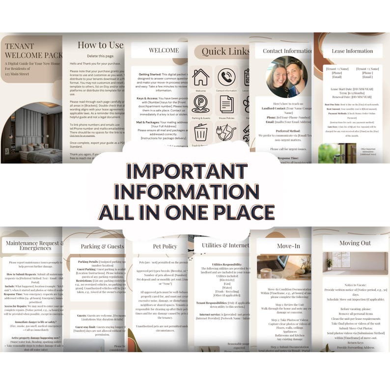 May include: A digital tenant welcome pack with various sections, including "How to Use," "Welcome," and "Quick Links." The pack contains important information for residents, with headings like "Maintenance Request," "Parking & Guests," and "Move-In."