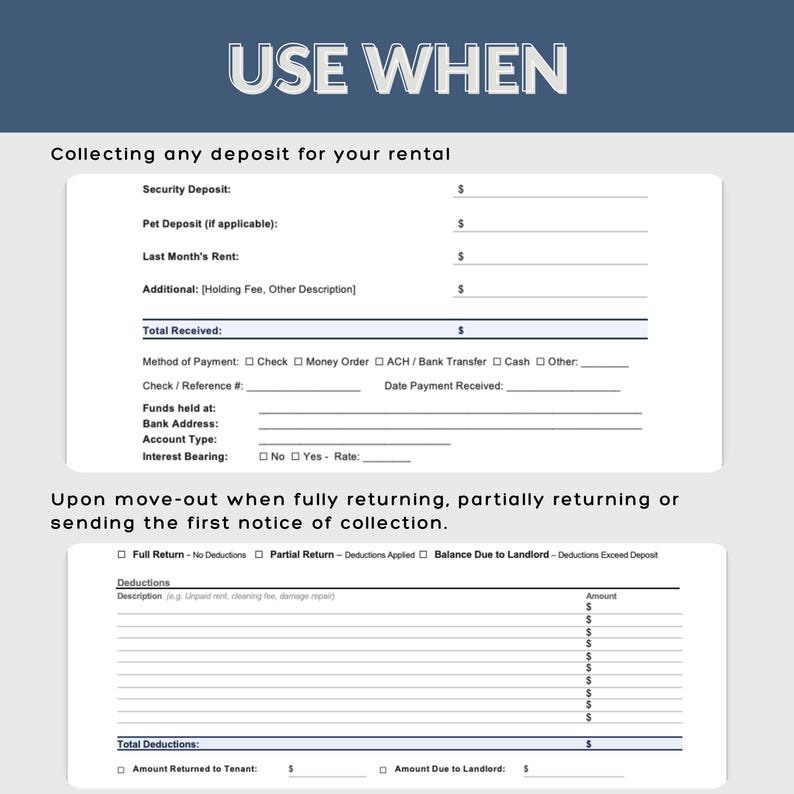 May include: A rental deposit and move-out form with the text "USE WHEN" at the top. The form includes sections for security deposit, pet deposit, and last month's rent. It also has a section for deductions and total amounts.