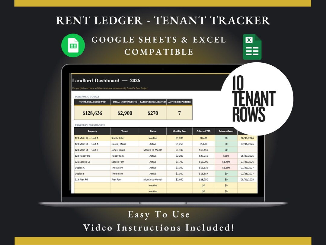 Rent Payment Tracker | 10 Tenant Slots | Landlord Spreadsheet | Google ...