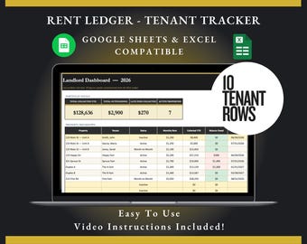 Rent Payment Tracker | 10 Tenant Slots | Landlord Spreadsheet | Google Sheets & Excel | Charcoal Gold