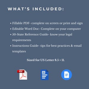 May include: A dark blue graphic with white text that reads "WHAT'S INCLUDED:" followed by a list of included items. The image also includes icons for PDF, Word Doc, and a document. The document is sized for US Letter 8.5 x 11.