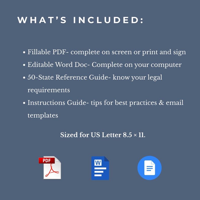 May include: A dark blue graphic with white text that reads "WHAT'S INCLUDED:" followed by a list of included items. The image also includes icons for PDF, Word Doc, and a document. The document is sized for US Letter 8.5 x 11.