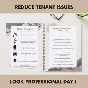 May include: Open notebook with the text "Reduce Tenant Issues" and "Look Professional Day 1". The left page lists utilities and internet information. The right page details maintenance requests and emergencies. The notebook is open on a white surface.