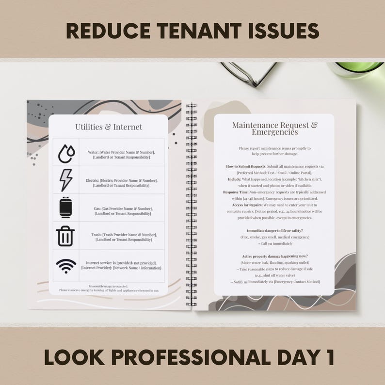 May include: Open notebook with the text "Reduce Tenant Issues" and "Look Professional Day 1". The left page lists utilities and internet information. The right page details maintenance requests and emergencies. The notebook is open on a white surface.
