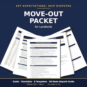 May include: A Move-Out Packet for Landlords document set featuring a Move-Out Preparation Checklist, 8 templates, and a 50-State Deposit Guide. The pages are white with dark blue and gold accents, including text for US Letter and A4 paper sizes.