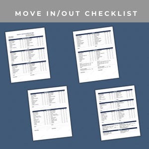 May include: Four white checklists with the text "MOVE IN/OUT CHECKLIST" at the top. Each checklist has a dark blue border and is filled with rows of text and checkboxes. The background is a dark blue.