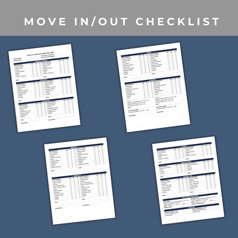 May include: Four white checklists with the text "MOVE IN/OUT CHECKLIST" at the top. Each checklist has a dark blue border and is filled with rows of text and checkboxes. The background is a dark blue.
