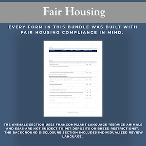 Puede incluir: Un documento titulado "Fair Housing" con texto que enfatiza el cumplimiento. El documento incluye un formulario con secciones para varios detalles. El texto tambi&eacute;n menciona animales de servicio y ESA, y el lenguaje de revisi&oacute;n de divulgaci&oacute;n de antecedentes.