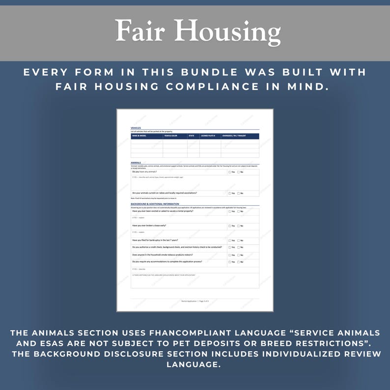 Puede incluir: Un documento titulado "Fair Housing" con texto que enfatiza el cumplimiento. El documento incluye un formulario con secciones para varios detalles. El texto tambi&eacute;n menciona animales de servicio y ESA, y el lenguaje de revisi&oacute;n de divulgaci&oacute;n de antecedentes.