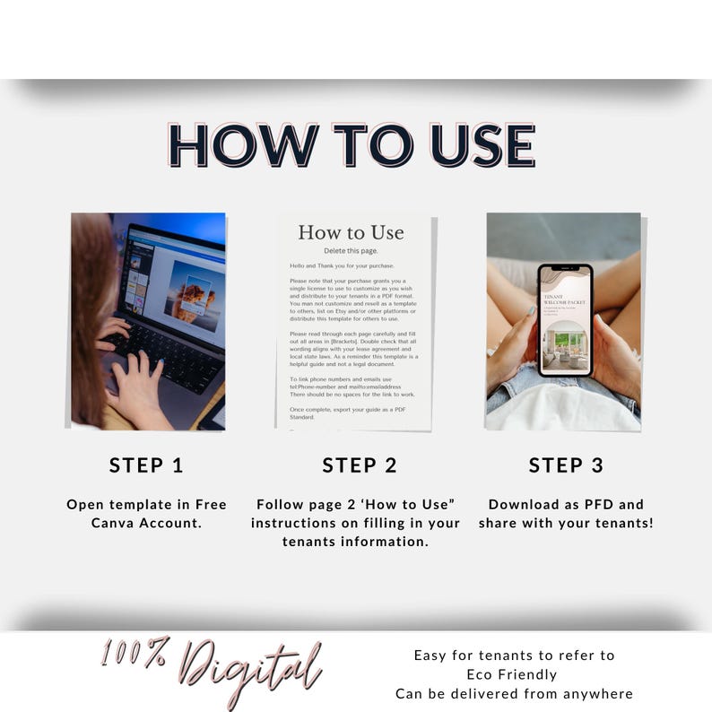 Puede incluir: Gr&aacute;fico instructivo con el t&iacute;tulo "HOW TO USE". Detalla los pasos para una plantilla digital: abrir en una computadora port&aacute;til, seguir las instrucciones y descargar en un tel&eacute;fono. El gr&aacute;fico tambi&eacute;n indica "100% Digital" y "Eco Friendly".