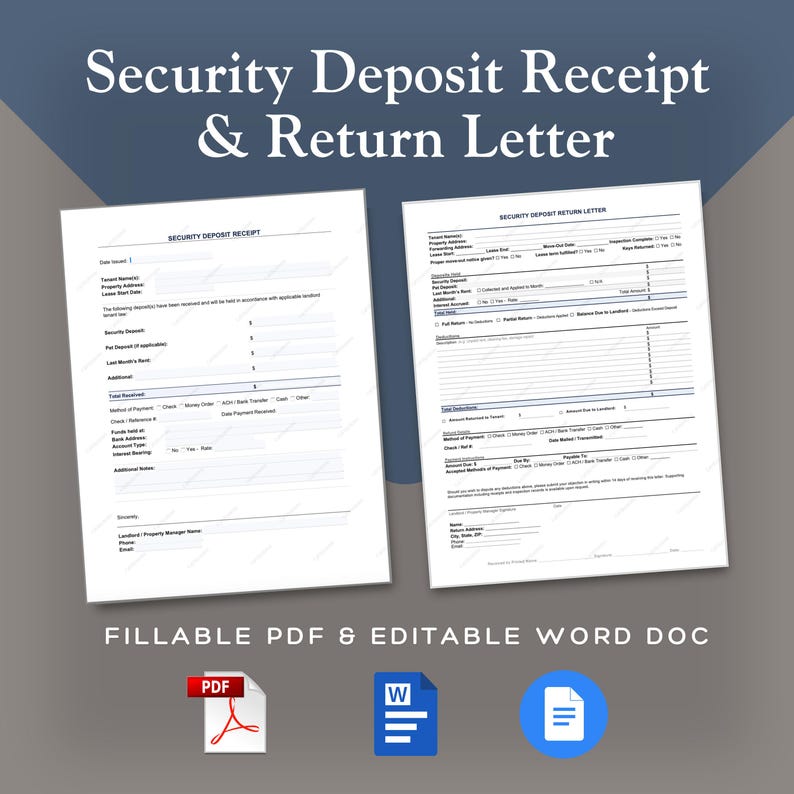 May include: Two white documents labeled "Security Deposit Receipt" and "Security Deposit Return Letter" are displayed. The documents are on a gray background with the text "FILLABLE PDF & EDITABLE WORD DOC" and icons for PDF, Word, and a blue circle.