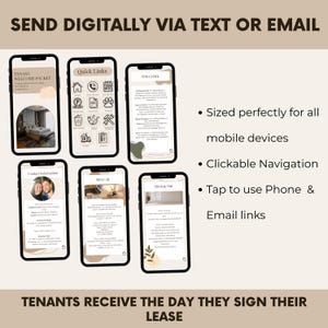 May include: Six smartphones displaying digital tenant welcome packets. The phones show information on move-in, move-out, and contact details. Text at the top reads "SEND DIGITALLY VIA TEXT OR EMAIL". The bottom text says "TENANTS RECEIVE THE DAY THEY SIGN THEIR LEASE".