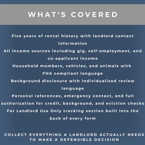 Puede incluir: Un gr&aacute;fico azul oscuro con texto blanco. El texto en la parte superior dice "WHAT'S COVERED". El texto de abajo enumera elementos como el historial de alquileres, las fuentes de ingresos, los miembros del hogar y las verificaciones de antecedentes. El texto inferior dice "COLLECT EVERYTHING A LANDLORD ACTUALLY NEEDS TO MAKE A DEFENSIBLE DECISION."