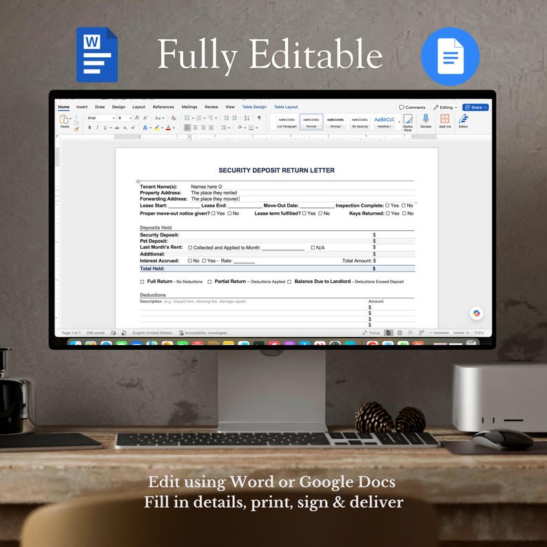 May include: A computer monitor displays a "Security Deposit Return Letter" template. The screen shows a document with fillable fields for tenant information, deposit details, and deductions. The text "Fully Editable" is at the top. The bottom text says "Edit using Word or Google Docs."