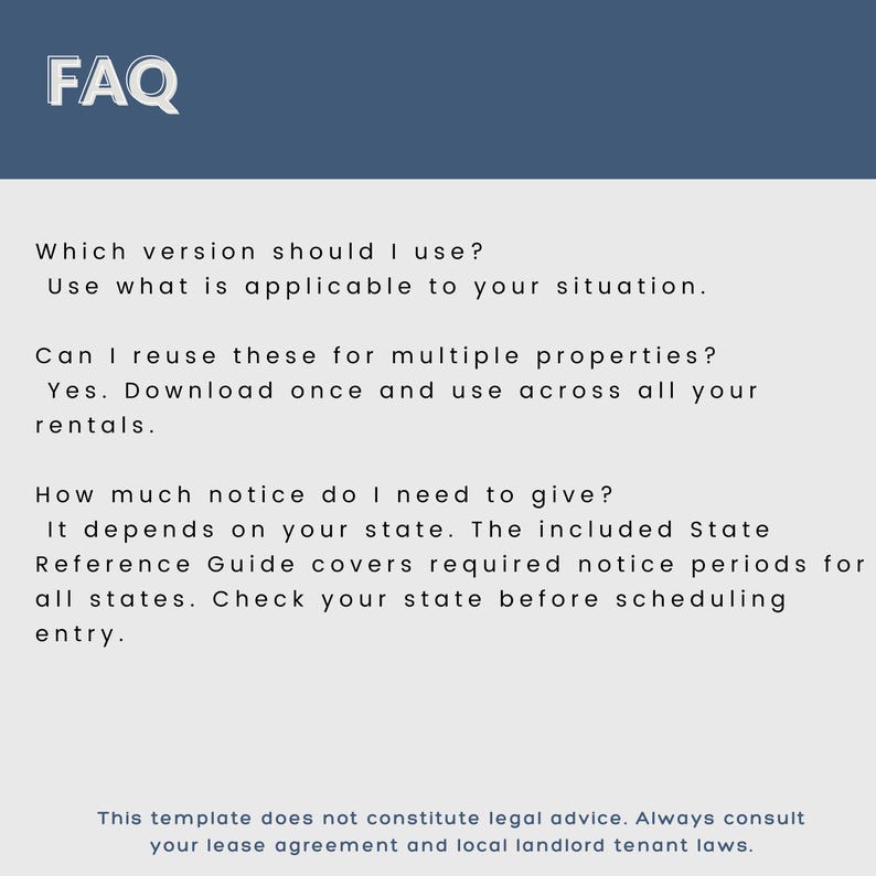 May include: A digital FAQ document with a dark blue header and light gray background. It features text addressing rental property questions, including reuse policies and state-specific notice periods, with a legal disclaimer at the bottom.