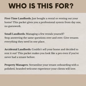 May include: A beige background with the question "WHO IS THIS FOR?" in dark brown text. Below, descriptions are provided for First-Time Landlords, Small Landlords, Accidental Landlords, and Property Managers, also in dark brown.