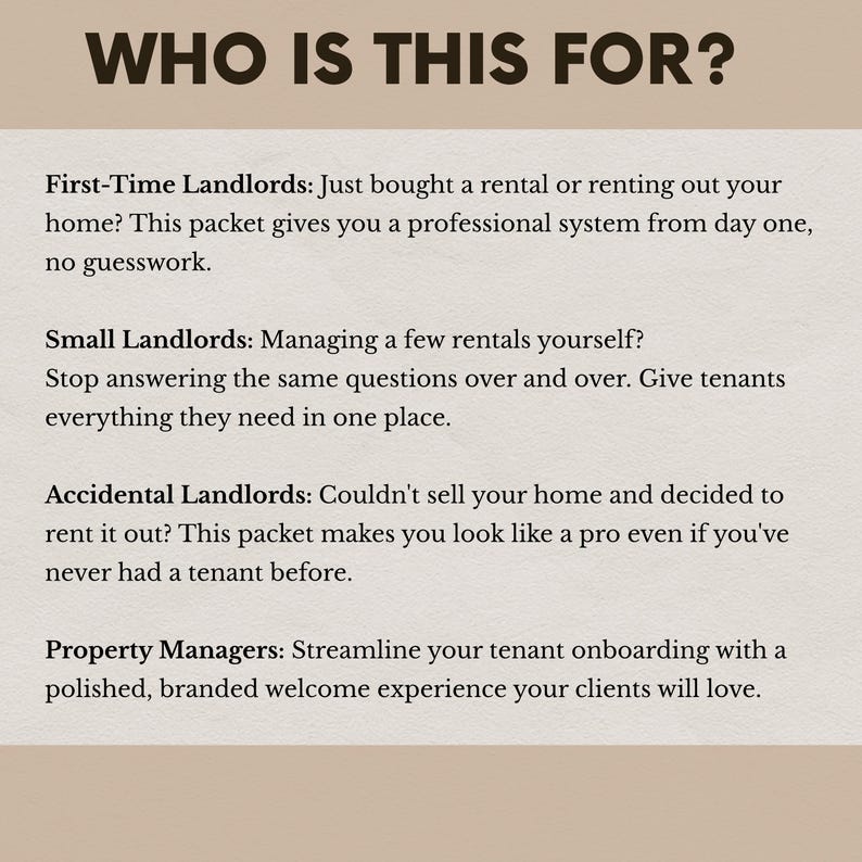 May include: A beige background with the question "WHO IS THIS FOR?" in dark brown text. Below, descriptions are provided for First-Time Landlords, Small Landlords, Accidental Landlords, and Property Managers, also in dark brown.