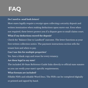 May include: A document titled "FAQ" with questions and answers about legal forms. The text includes information on sending letters, deductions, and legal requirements. The document is designed to be fillable in PDF and Word Doc formats.