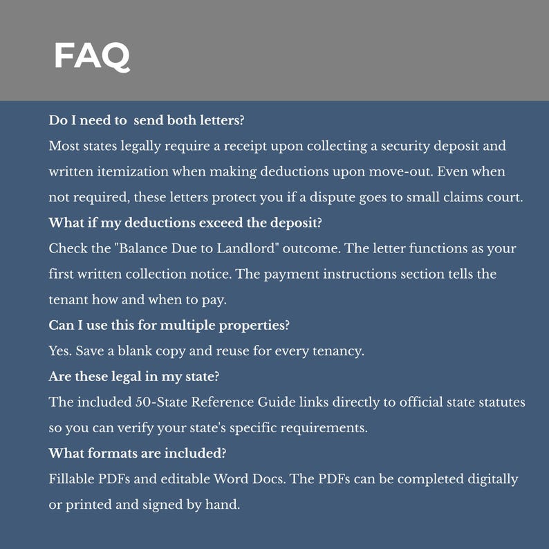 May include: A document titled "FAQ" with questions and answers about legal forms. The text includes information on sending letters, deductions, and legal requirements. The document is designed to be fillable in PDF and Word Doc formats.