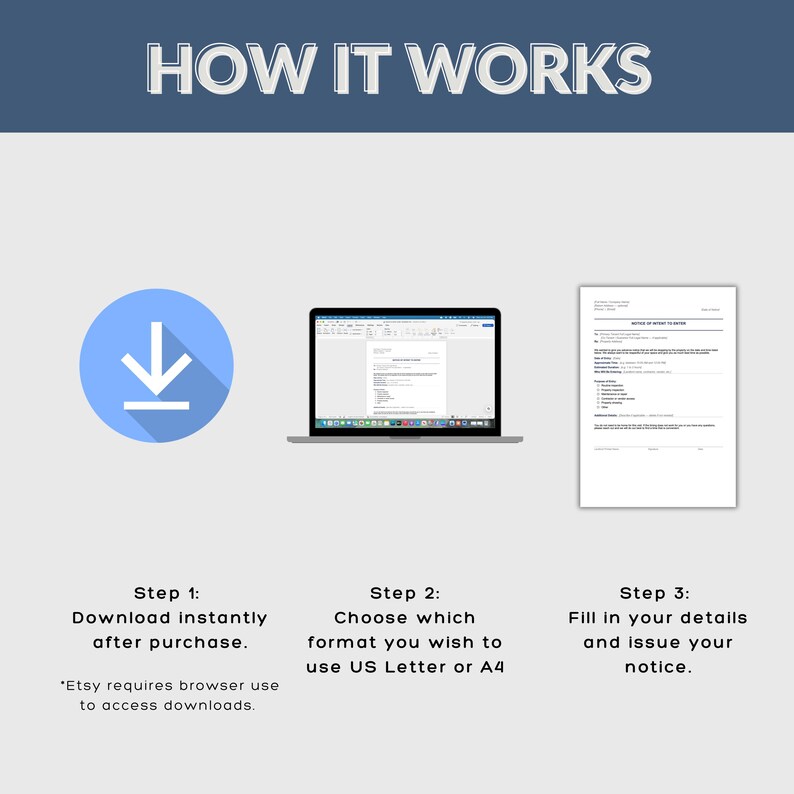 May include: An instructional graphic titled HOW IT WORKS featuring three steps. Step 1 shows a blue download icon. Step 2 shows a laptop displaying a document. Step 3 shows a printed document. Text includes instructions for downloading and editing.