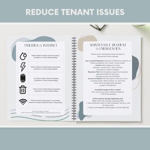 May include: A spiral-bound notebook with the title "REDUCE TENANT ISSUES" at the top. The left page lists utilities and internet information, while the right page details maintenance request procedures and emergency contacts. The notebook has a clean, organized layout.