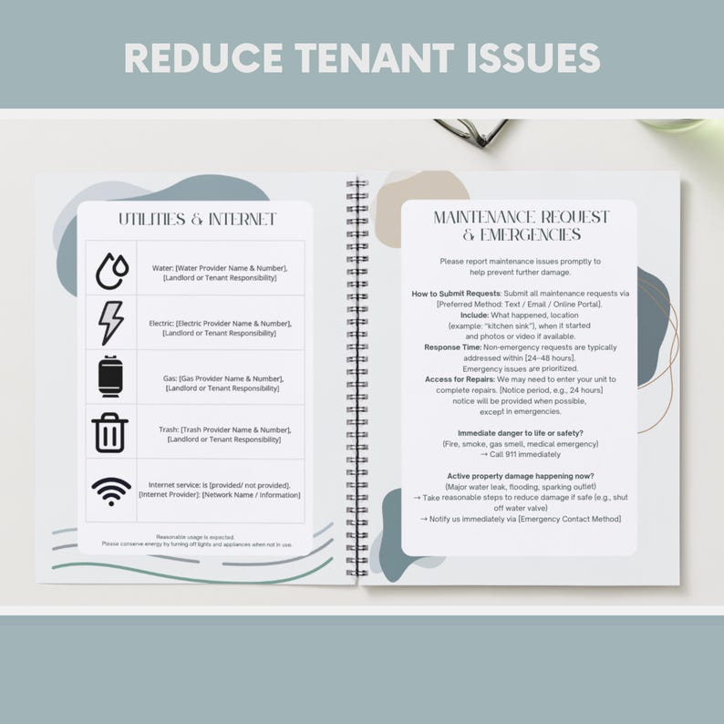 May include: A spiral-bound notebook with the title "REDUCE TENANT ISSUES" at the top. The left page lists utilities and internet information, while the right page details maintenance request procedures and emergency contacts. The notebook has a clean, organized layout.