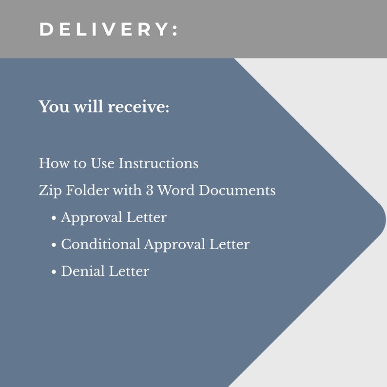 Pu&ograve; includere: Grafica con il testo "DELIVERY: Riceverai: How to Use Instructions, Zip Folder con 3 documenti Word, Approval Letter, Conditional Approval Letter, Denial Letter" su sfondo blu e bianco.