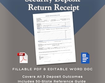 Security Deposit Return Receipt (Fillable PDF,  Word Doc) | Landlord Deposit Acknowledgment Form | Tenant Move-Out Document