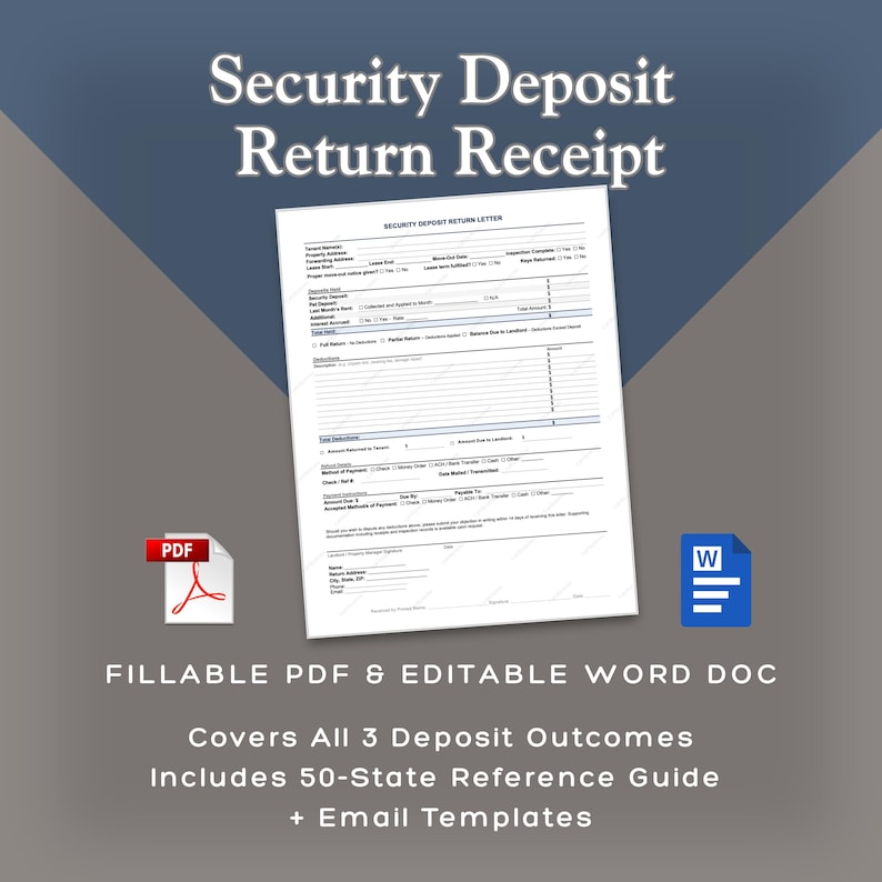 May include: A white Security Deposit Return Receipt document with a PDF icon and a Word Doc icon. The document covers all 3 deposit outcomes and includes a 50-state reference guide and email templates.