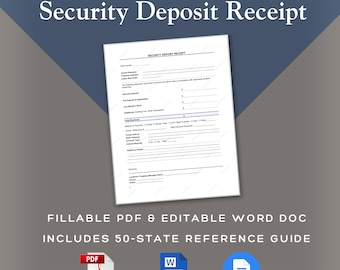 Security Deposit Receipt (Fillable PDF & Editable Word Doc) | Landlord Deposit Acknowledgment Form | Tenant Move-In Document