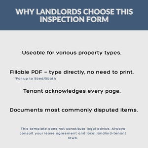 May include: A white document with the title "WHY LANDLORDS CHOOSE THIS INSPECTION FORM" in a blue banner. The document lists features such as use for various property types, fillable PDF, tenant acknowledgment, and documentation of disputed items.