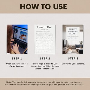 May include: A guide titled "How to Use" with instructions for a tenant welcome packet. The steps include opening a template in Canva, following instructions, and delivering to tenants. The image also shows a laptop and a sample welcome packet.