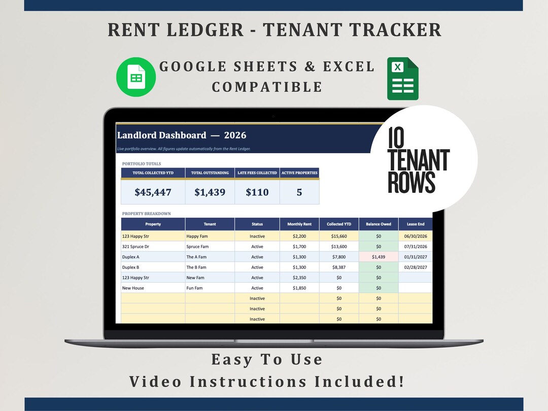 Tenant Rent Ledger Tracker | Landlord Spreadsheet (google Sheets ...