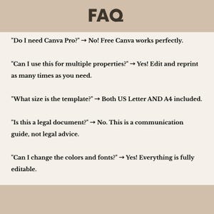 May include: A beige graphic with the word "FAQ" in dark brown at the top. Below, a series of questions and answers in black text address template usage, Canva Pro, and document size, including US Letter and A4.