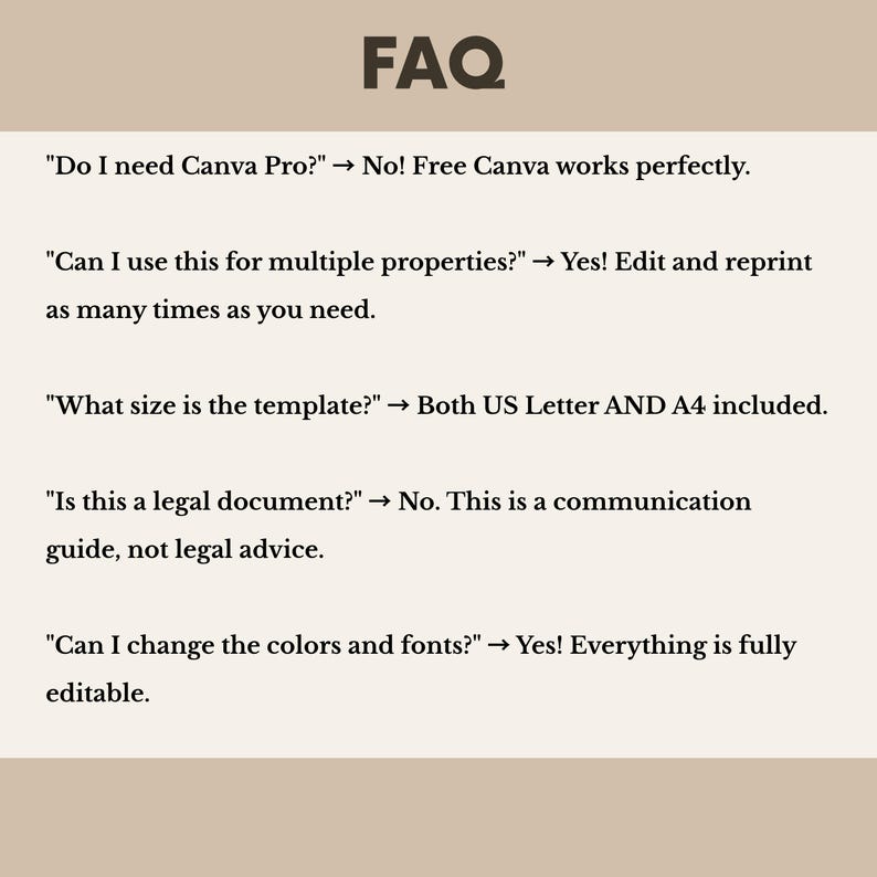 May include: A beige graphic with the word "FAQ" in dark brown at the top. Below, a series of questions and answers in black text address template usage, Canva Pro, and document size, including US Letter and A4.
