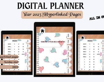 May include: Digital planner for 2023 with hyperlinked pages. The image shows three tablets displaying the planner's index, weekly pages, and a page with hearts. The planner includes the text "This planner belongs to".