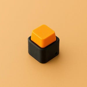 May include: A modern, minimalist design featuring a black square base with an orange square button on top. The button is slightly raised, creating a 3D effect. The background is a solid, warm orange.