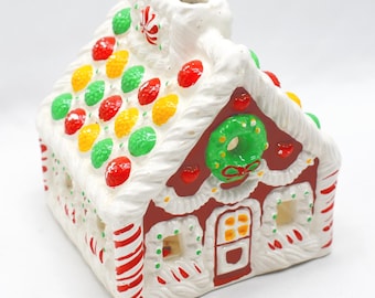 Vintage Gingerbread House Tea Light Holder - Ceramic Avon Winter Christmas Decoration